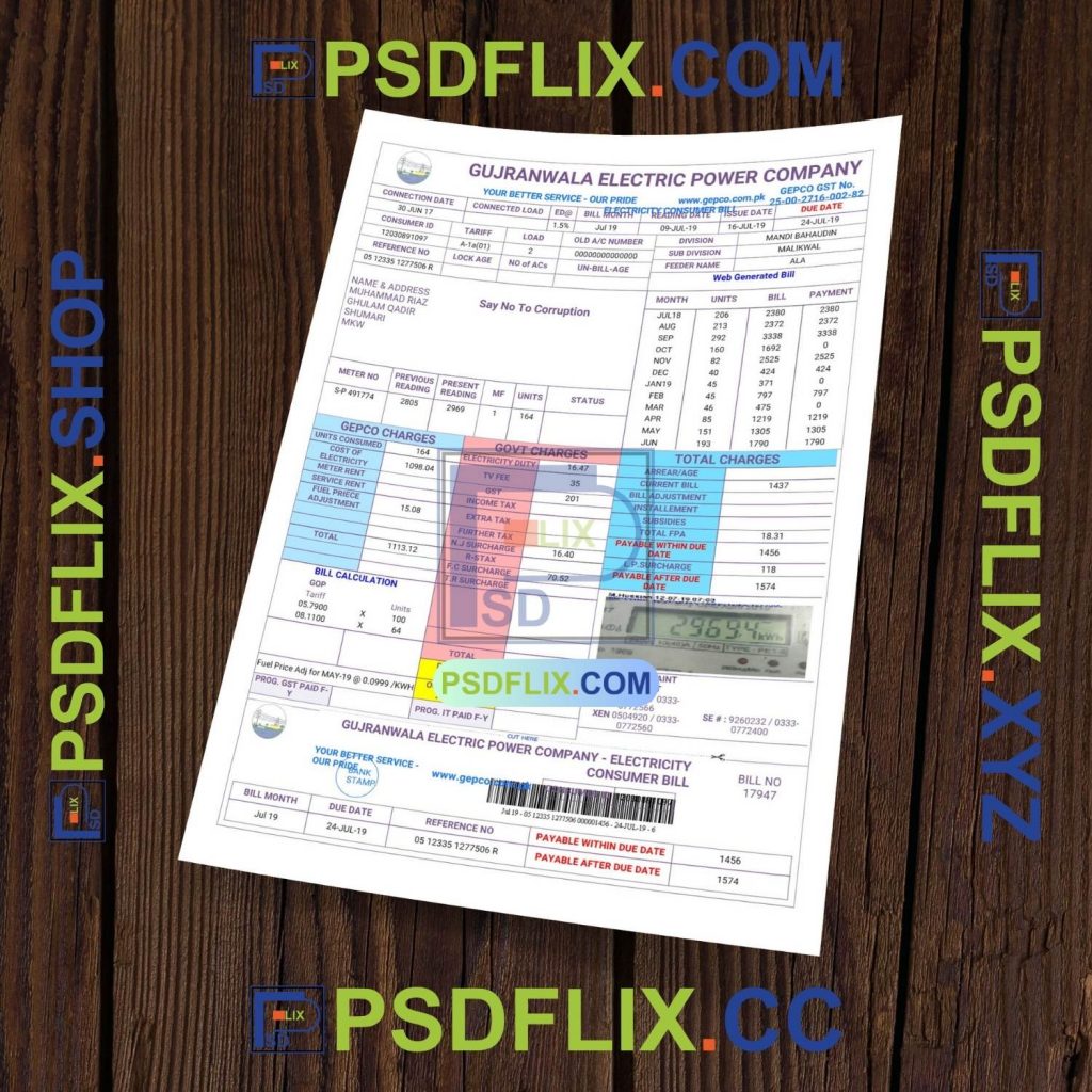 Pakistan Gujranwala Electricity Bill PDF Template PSD HUT