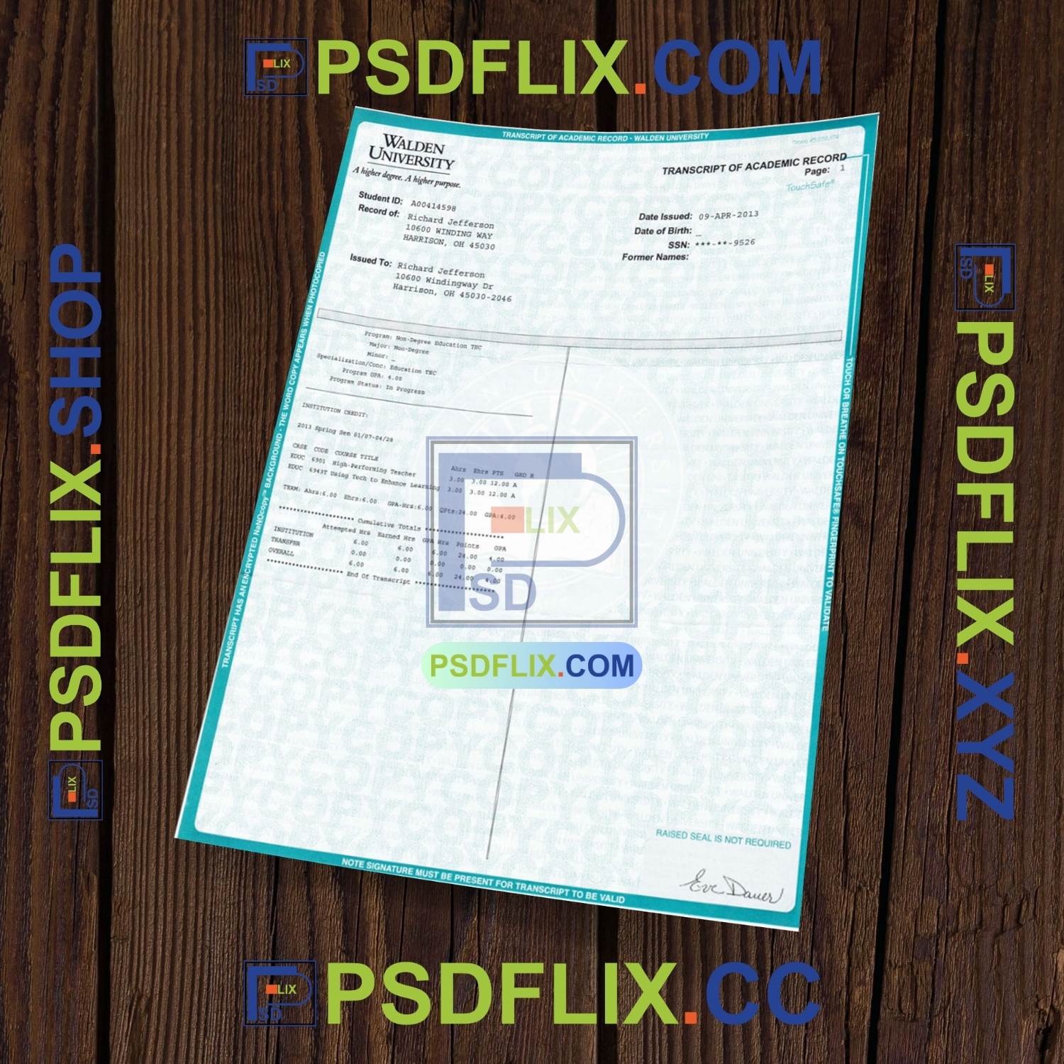 Walden University Transcript Template in PDF Format PSD HUT